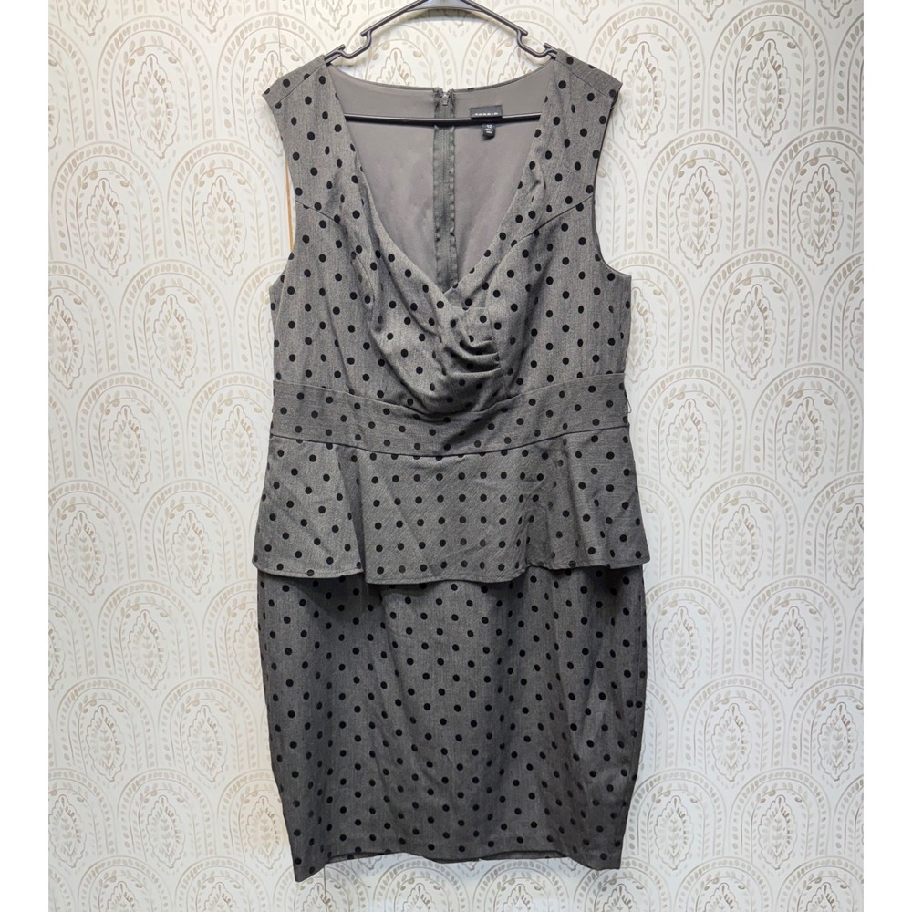 Torrid Sheath Dress Womens 12 Grey Polka Dot Peplum Draped Neck Business
